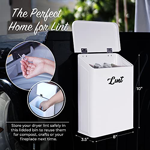 Magnetic Lint Bin for Laundry Room in White – Metal Laundry Room Decor and Accessories Washer Dryer Sheet Container or Detergent Dispenser with Laundry Labels for Space Saving Laundry Organization