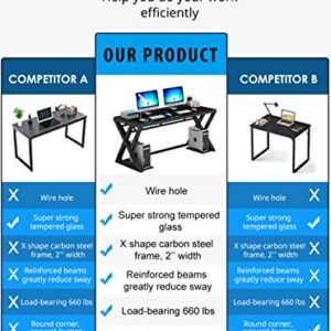 NA Tempered Glass Computer Desk with X-Shaped Metal Frame, Fashion Modern Design Writing and Study Desk, Work Desk for Home Office (55.1 inch)