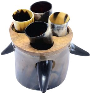 naqsh viking culture drinking horn cup 4 set -2-3oz - horn mugs with stand, handmade cool & unique ox norse for hot & cold drinks gift for men and women (polished 4 small horns)