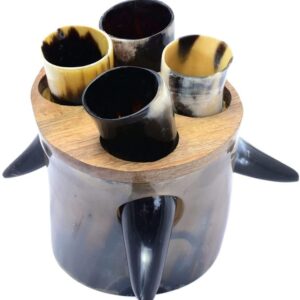 NAQSH Viking Culture Drinking Horn Cup 4 Set -2-3oz - Horn Mugs With Stand, Handmade Cool & Unique Ox Norse for Hot & Cold Drinks Gift for Men and Women (Polished 4 Small Horns)