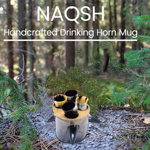 NAQSH Viking Culture Drinking Horn Cup 4 Set -2-3oz - Horn Mugs With Stand, Handmade Cool & Unique Ox Norse for Hot & Cold Drinks Gift for Men and Women (Polished 4 Small Horns)