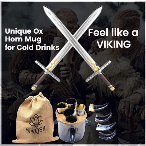 NAQSH Viking Culture Drinking Horn Cup 4 Set -2-3oz - Horn Mugs With Stand, Handmade Cool & Unique Ox Norse for Hot & Cold Drinks Gift for Men and Women (Polished 4 Small Horns)