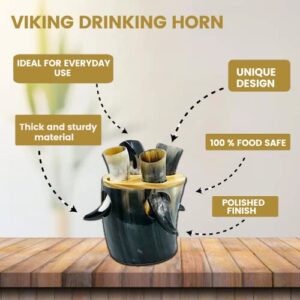 NAQSH Viking Culture Drinking Horn Cup 4 Set -2-3oz - Horn Mugs With Stand, Handmade Cool & Unique Ox Norse for Hot & Cold Drinks Gift for Men and Women (Polished 4 Small Horns)