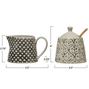 Creative Co-Op 6 oz. Hand-Stamped Stoneware Creamer Sugar Jar with Spoon Sugar & Creamer, 8.25", Black & Cream