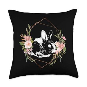 floral bohemian pink rose flower gift women girls rabbit cottontail bunny hare cute black white throw pillow, 18x18, multicolor