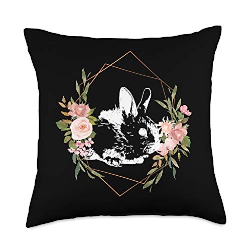 Floral Bohemian Pink Rose Flower Gift Women Girls Rabbit Cottontail Bunny Hare Cute Black White Throw Pillow, 18x18, Multicolor