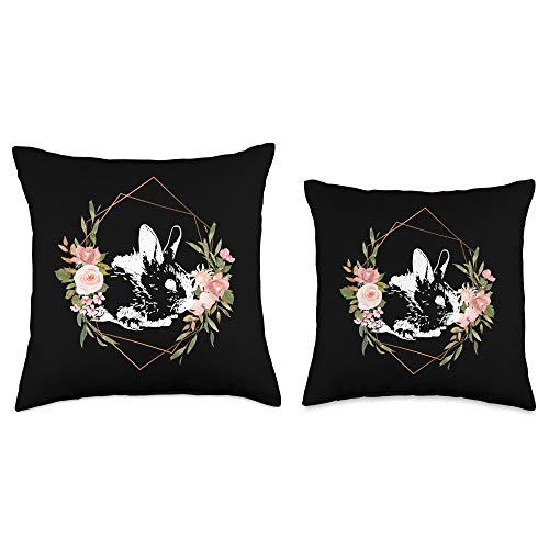 Floral Bohemian Pink Rose Flower Gift Women Girls Rabbit Cottontail Bunny Hare Cute Black White Throw Pillow, 18x18, Multicolor