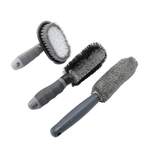 AuInLand Car Wheel Cleaner Brush Kit, 1 Wire Flocking Wheel Cleaning Brush, 1 Rim Wash Brush, 1 Contoured Scrub Tire Shine Brush Used for Washing Wheel of Auto, Vehicle, Engine, Motorcycle