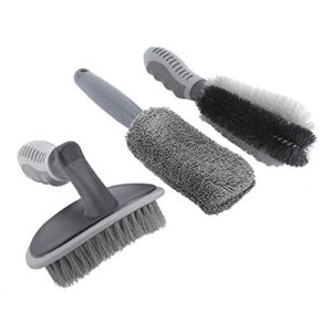 AuInLand Car Wheel Cleaner Brush Kit, 1 Wire Flocking Wheel Cleaning Brush, 1 Rim Wash Brush, 1 Contoured Scrub Tire Shine Brush Used for Washing Wheel of Auto, Vehicle, Engine, Motorcycle