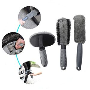 AuInLand Car Wheel Cleaner Brush Kit, 1 Wire Flocking Wheel Cleaning Brush, 1 Rim Wash Brush, 1 Contoured Scrub Tire Shine Brush Used for Washing Wheel of Auto, Vehicle, Engine, Motorcycle