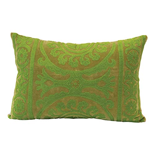 Creative Co-Op Cotton Velvet Lumbar Embroidery, Green Pillow