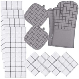 oven mitts and pot holders set with kitchen towels and dishcloths, 500 degree heat resistant oven gloves and hot pads, premium soft cotton kitchen hand towels and dish cloth sets hanging loop gray