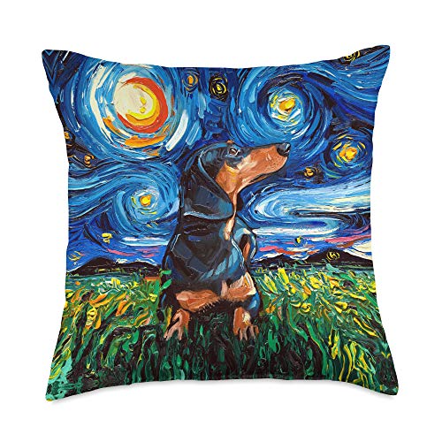 Sagittarius Gallery Black and Tan Dachshund Doxie Starry Night Dog Art by Aja Throw Pillow, 18x18, Multicolor