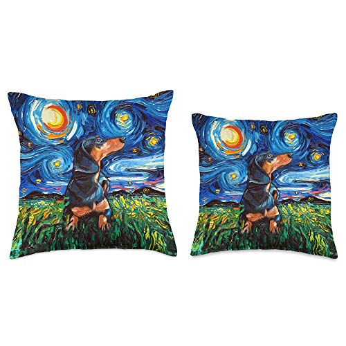 Sagittarius Gallery Black and Tan Dachshund Doxie Starry Night Dog Art by Aja Throw Pillow, 18x18, Multicolor