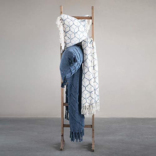 Creative Co-Op Stonewashed Cotton Blend Ogee Pattern & Tassels, Blue & Cream Color Pillow