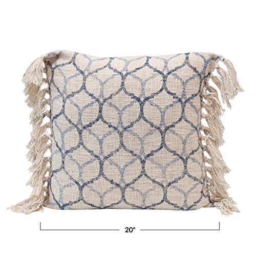 Creative Co-Op Stonewashed Cotton Blend Ogee Pattern & Tassels, Blue & Cream Color Pillow