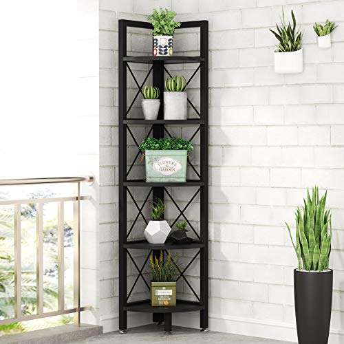 Tribesigns 5 Tier Corner Shelf, Corner Bookshelf Small Bookcase Corner Storage Rack Plant Stand for Living Room, Home Office, Kitchen, Small Space (Black)