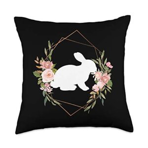 floral bohemian pink rose flower gift women girls rabbit cottontail bunny hare cute black white throw pillow, 18x18, multicolor