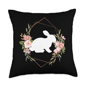 Floral Bohemian Pink Rose Flower Gift Women Girls Rabbit Cottontail Bunny Hare Cute Black White Throw Pillow, 18x18, Multicolor