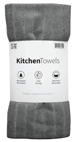 S&T INC. Soft, Absorbent Hand Towel with Hanging Loop, Microfiber Dish Towels for Kitchen, 5 Pack, 18 Inch x 26 Inch, Grey
