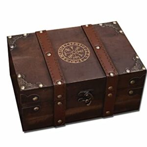 Gbrand 8.3" Wood and Leather The Runic Viking Compass Chest Box, Vegvisir Engraved Wooden Treasure Box with Velvet Lining, Vintage Tarot Box (Box Only)