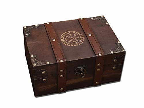 Gbrand 8.3" Wood and Leather The Runic Viking Compass Chest Box, Vegvisir Engraved Wooden Treasure Box with Velvet Lining, Vintage Tarot Box (Box Only)