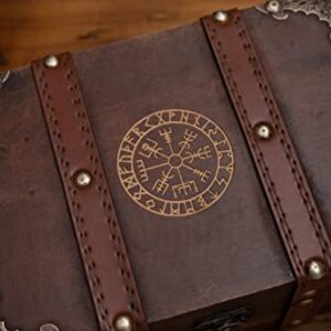 Gbrand 8.3" Wood and Leather The Runic Viking Compass Chest Box, Vegvisir Engraved Wooden Treasure Box with Velvet Lining, Vintage Tarot Box (Box Only)