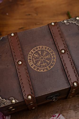 Gbrand 8.3" Wood and Leather The Runic Viking Compass Chest Box, Vegvisir Engraved Wooden Treasure Box with Velvet Lining, Vintage Tarot Box (Box Only)