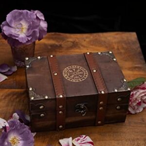 Gbrand 8.3" Wood and Leather The Runic Viking Compass Chest Box, Vegvisir Engraved Wooden Treasure Box with Velvet Lining, Vintage Tarot Box (Box Only)