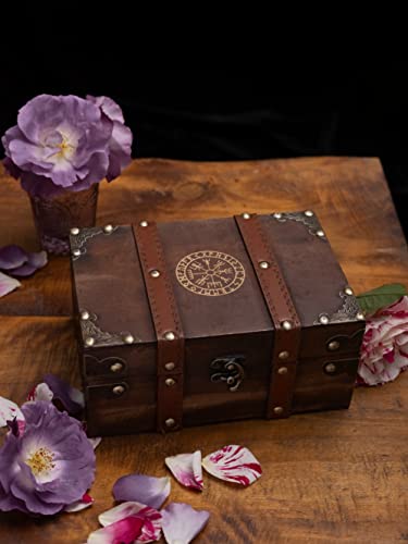 Gbrand 8.3" Wood and Leather The Runic Viking Compass Chest Box, Vegvisir Engraved Wooden Treasure Box with Velvet Lining, Vintage Tarot Box (Box Only)