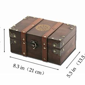 Gbrand 8.3" Wood and Leather The Runic Viking Compass Chest Box, Vegvisir Engraved Wooden Treasure Box with Velvet Lining, Vintage Tarot Box (Box Only)