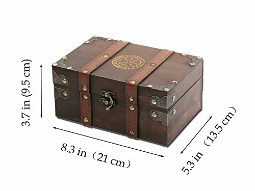 Gbrand 8.3" Wood and Leather The Runic Viking Compass Chest Box, Vegvisir Engraved Wooden Treasure Box with Velvet Lining, Vintage Tarot Box (Box Only)