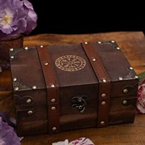 Gbrand 8.3" Wood and Leather The Runic Viking Compass Chest Box, Vegvisir Engraved Wooden Treasure Box with Velvet Lining, Vintage Tarot Box (Box Only)