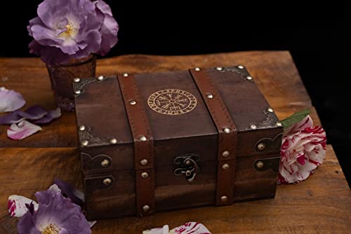 Gbrand 8.3" Wood and Leather The Runic Viking Compass Chest Box, Vegvisir Engraved Wooden Treasure Box with Velvet Lining, Vintage Tarot Box (Box Only)