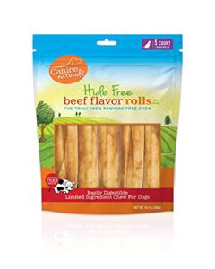 canine naturals beef chew - rawhide free dog treats - made with real beef - poultry free recipe - all-natural and easily digestible - 5 pack of 7 inch large rolls for dogs 50-75lb