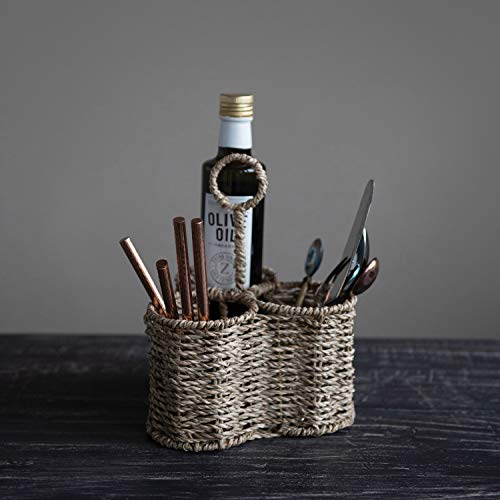 Creative Co-Op Woven Seagrass Caddy with 3 Sections Basket, Natural