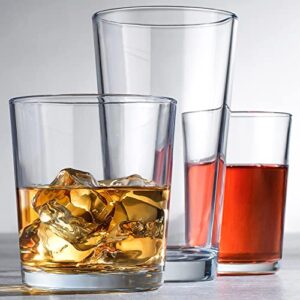 set of 18 sleek and durable drinking glasses - glassware set includes 6-17oz highball glasses, 6-13oz rocks glasses, 6-7oz juice glasses | heavy base glass cups for water, juice, beer, & cocktails.