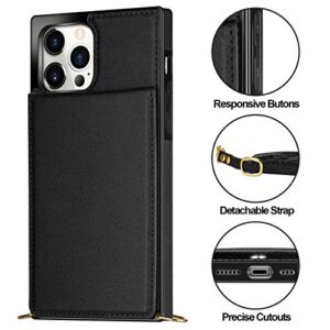 Vofolen Compatible with iPhone 12 Pro Max Case Wallet with Credit Card Holder Lanyard Crossbody Strap Leather Magnetic Clasp Kickstand Heavy Duty Protective Square Flip Cover Black