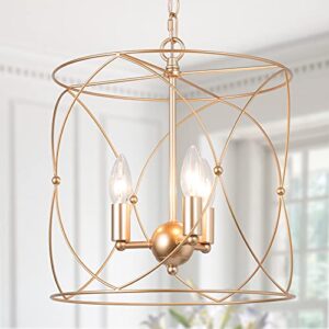 classy leaves gold chandelier, gold pendant lighting, cylinder foyer pendant lighting for kitchen island & dining room, gold finish, 13’’ l x 13’’ w x 14’’ h