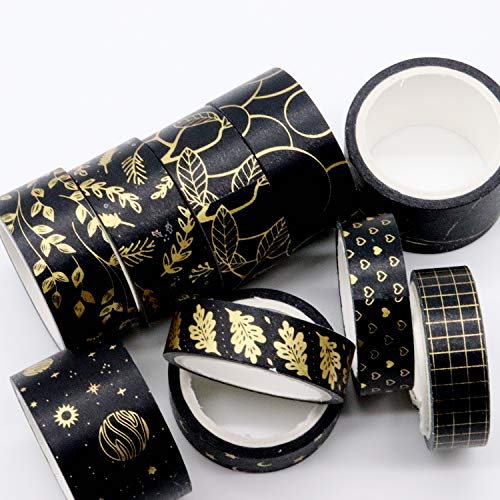 VEYLIN 10Rolls Black Gold Washi Tape, Premium Mixed Size Decorative Masking Tape for Scrapbook Journal