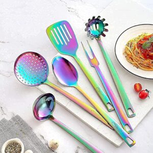 DISHWASHER SAFE Rainbow Titanium Cutlery Knife Set Kitchen Knives Sets Plug Rainbow Titanium Colorful Kitchen Utensils Set Stainless Steel Utensil Set - 6 Cooking Utensils