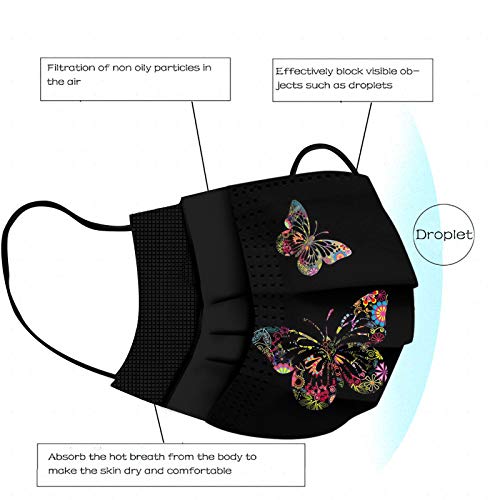 50Pcs Butterfly Print Disposable Facemask for Adults Women with Designs PaperMasks 3 Ply Breathable Non Woven Face Guard