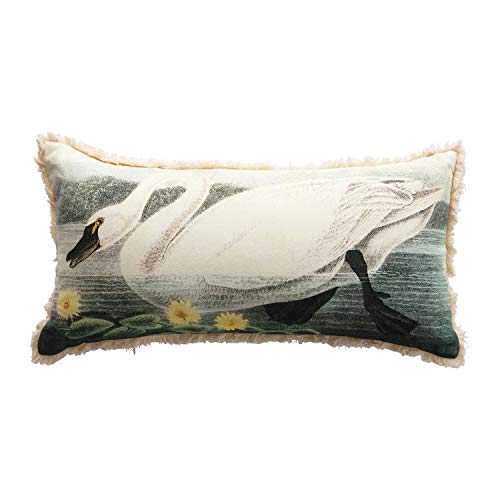 Creative Co-Op Cotton Lumbar Vintage Reproduction Swan & Flowers Image, Multi Color Pillow, 1 Count (Pack of 1)