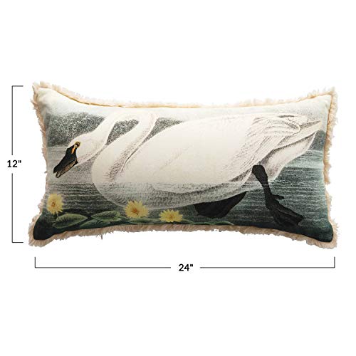 Creative Co-Op Cotton Lumbar Vintage Reproduction Swan & Flowers Image, Multi Color Pillow, 1 Count (Pack of 1)