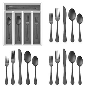 20-piece black silverware set with tray, e-far stainless steel flatware cutlery set service for 4, eating utensils tableware with plastic organizer for home kitchen, matte finished & dishwasher safe