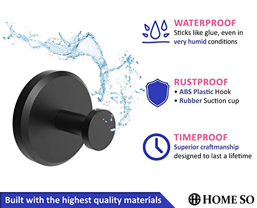 HOME SO Suction Cup Hooks for Shower, Bathroom, Kitchen, Glass Door, Mirror, Tile – Loofah, Towel, Coat, Bath Robe Hook Holder for Hanging up to 15 lbs – Waterproof, Dark, Matte Black (2-Pack)