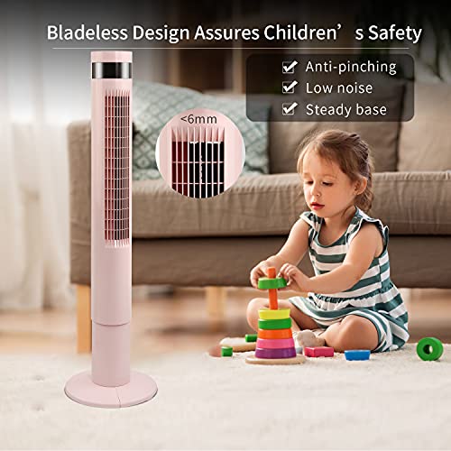 R.W.FLAME Tower Fan with Oscillation, Remote Control, 3 Wind Modes,Time Settings, Portable Bladeless Floor Fans for Home with Children/Pets/Elders(Pink, 43")