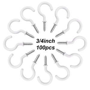 smseace 100pcs 3/4Inch White Ceiling Hooks Vinyl Coated Screw-in Hooks for Decorating Christmas Lights Hanger Hooks Outdoor Wire and Fairy Lights D-007-3/4