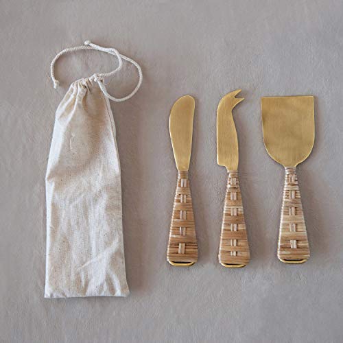 Creative Co-Op Cheese Knives with Rattan Handles, Gold Finish, Set of 3 Knife, 6.5" x 6.75"