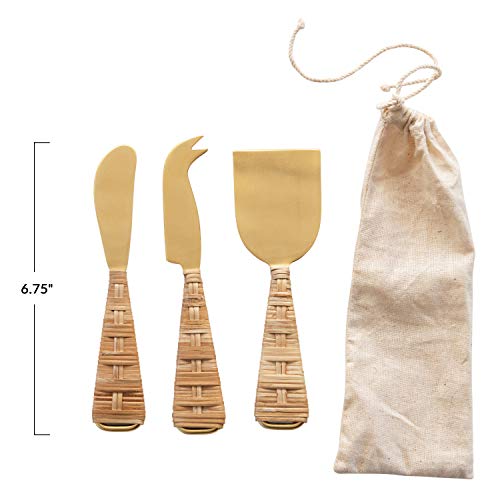 Creative Co-Op Cheese Knives with Rattan Handles, Gold Finish, Set of 3 Knife, 6.5" x 6.75"